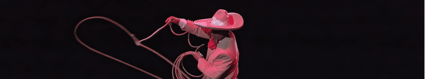 Mexican Rodeo 2004, a man wearing a sombrero swings a rope while sitting on a horse.